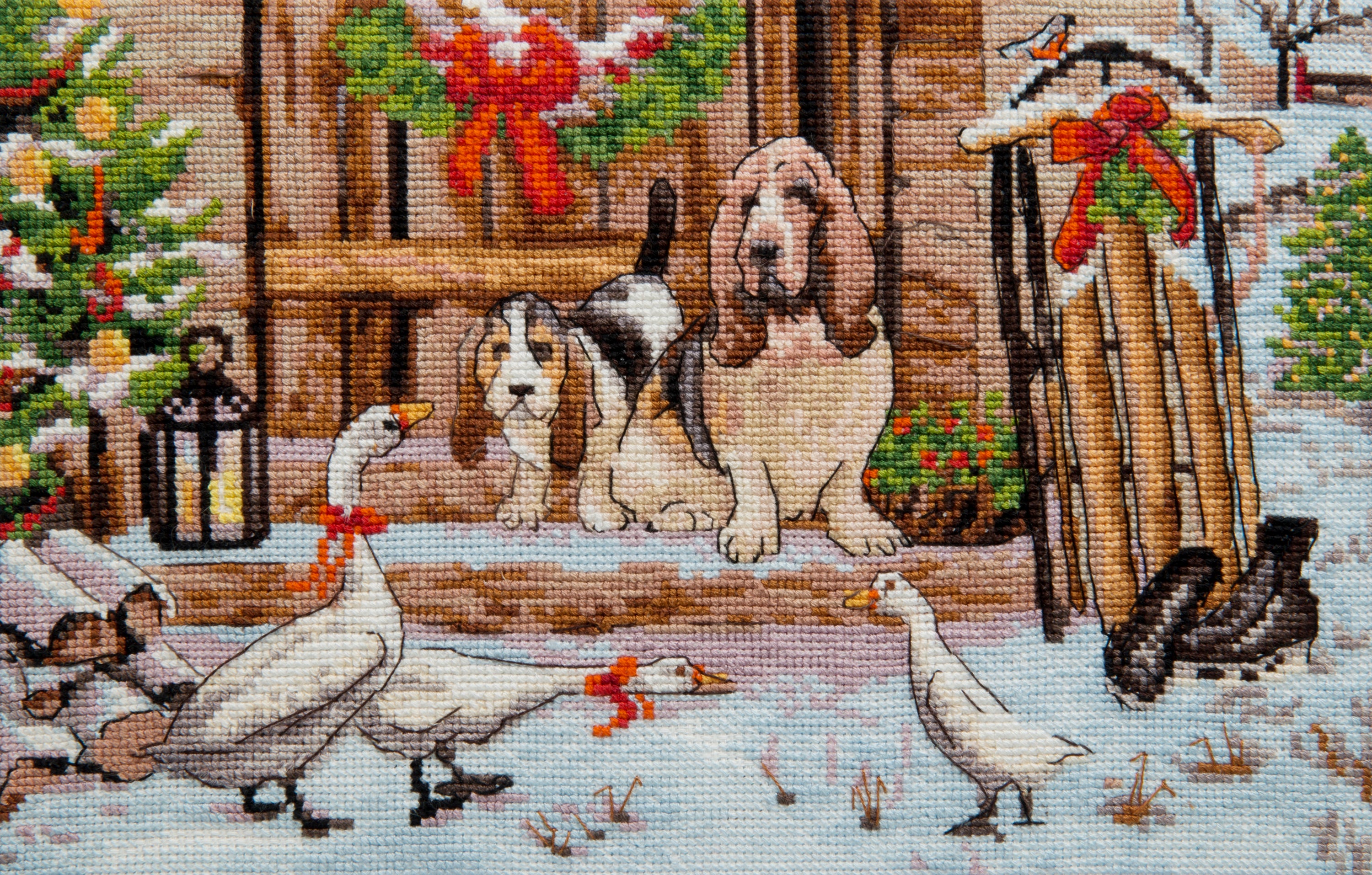 M-489C Counted Cross Stitch Kit featuring 'Friends on a Walk' with Aida fabric, Madeira floss, and needle.